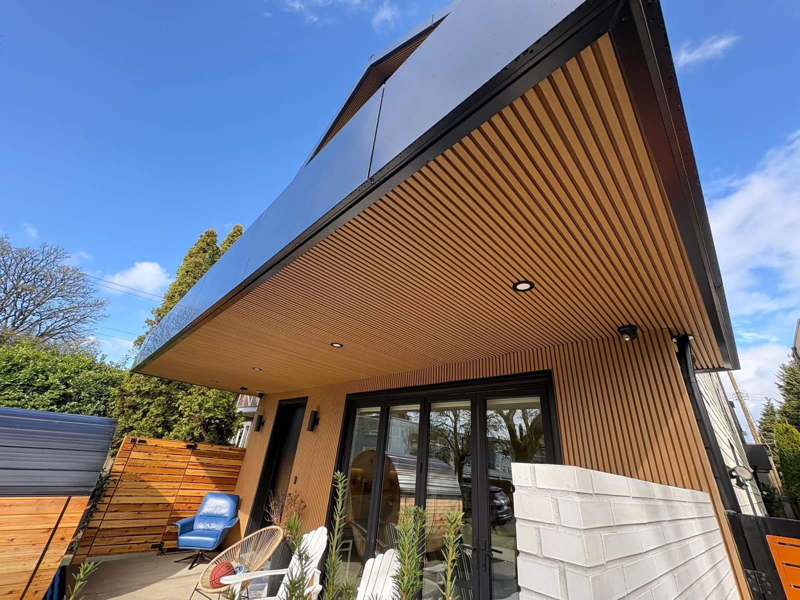 Cedar soffit and custom overhang installation