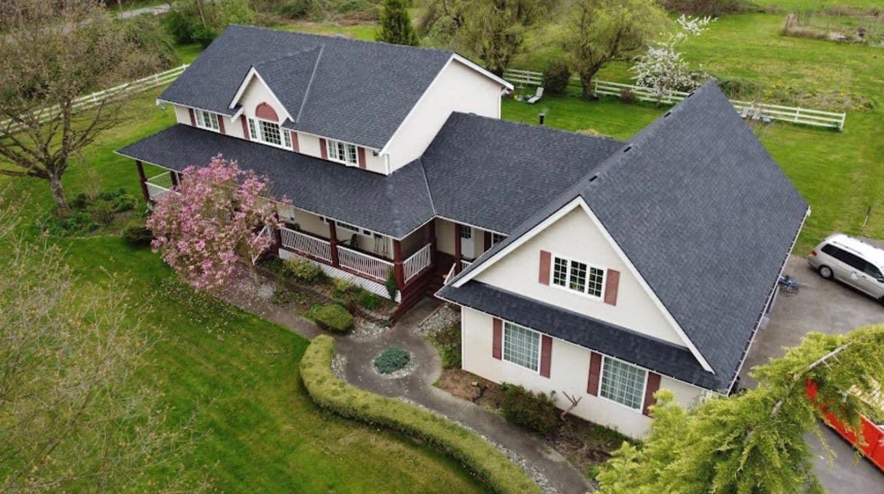 Aerial view of a Lower Mainland home during a free roof inspection