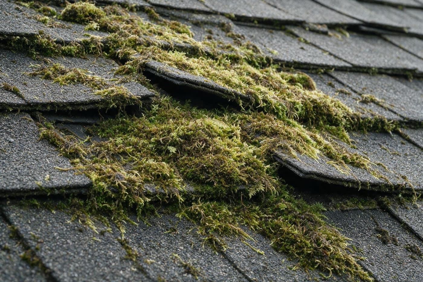 Thick moss growing beneath asphalt shingles and lifting the tabs, with dark gaps visible underneath