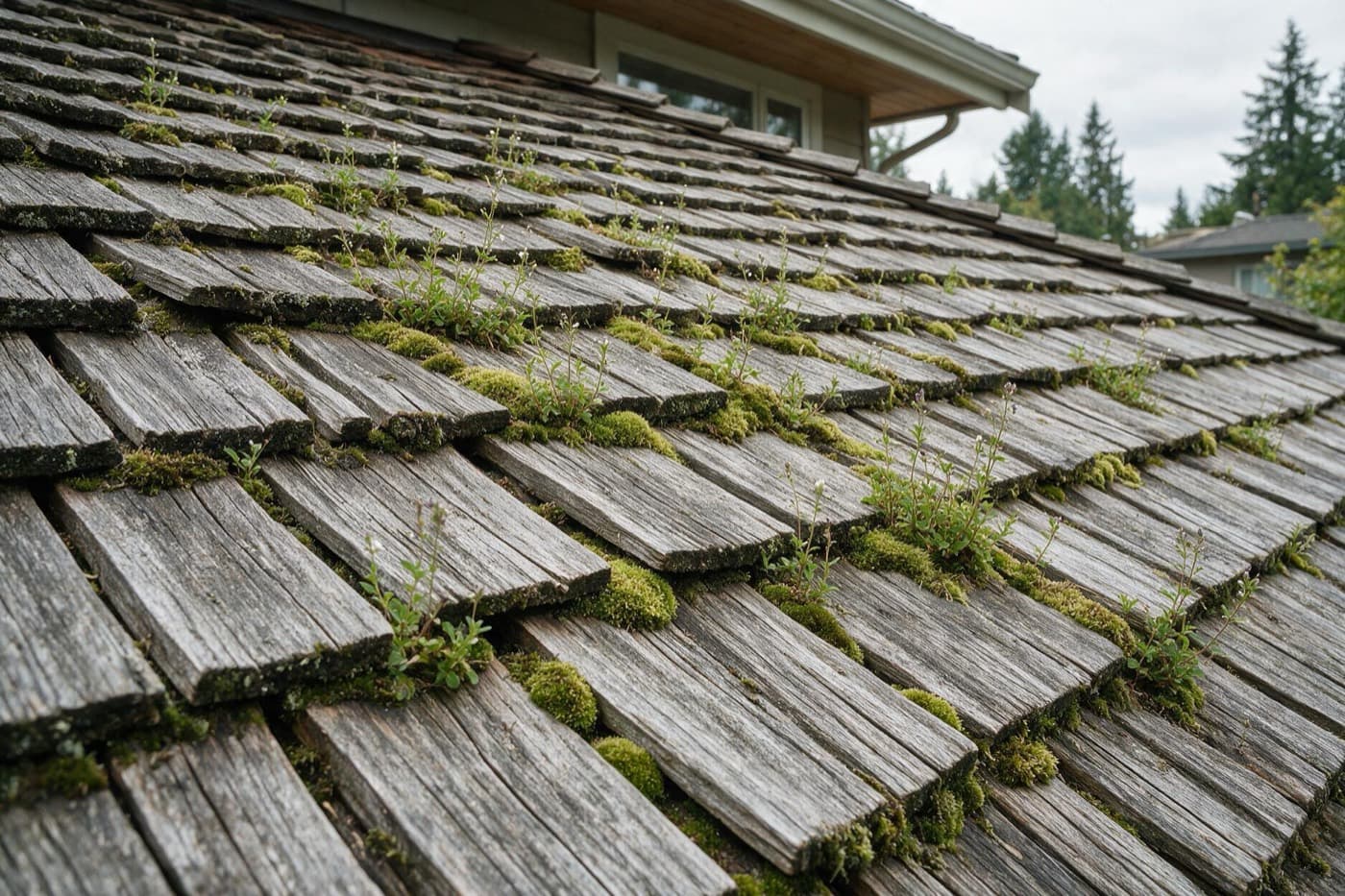 Weathered silvered cedar shakes with moss and small plants growing in the keyways